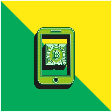 Cep telefonu ekranındaki Bitcoin Qr Kodu Yeşil ve sarı modern 3d vektör logosu
