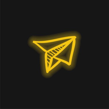 Katlanmış kağıdın uçak oyuncağı. Sarı parlak neon ikon.
