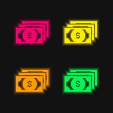 Bills Of Dollars four color glowing neon vector icon clipart