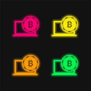 Bitcoin ve Laptop Sembolü dört renkli parlayan neon vektör simgesi