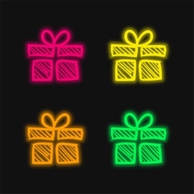 Doğum günü hediyesi çizimi: Parlayan dört renk neon vektör simgesi