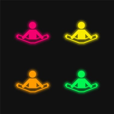 Oturan Çocuk İki Bacağı Geriyor Dört renkli parlak neon vektör simgesi