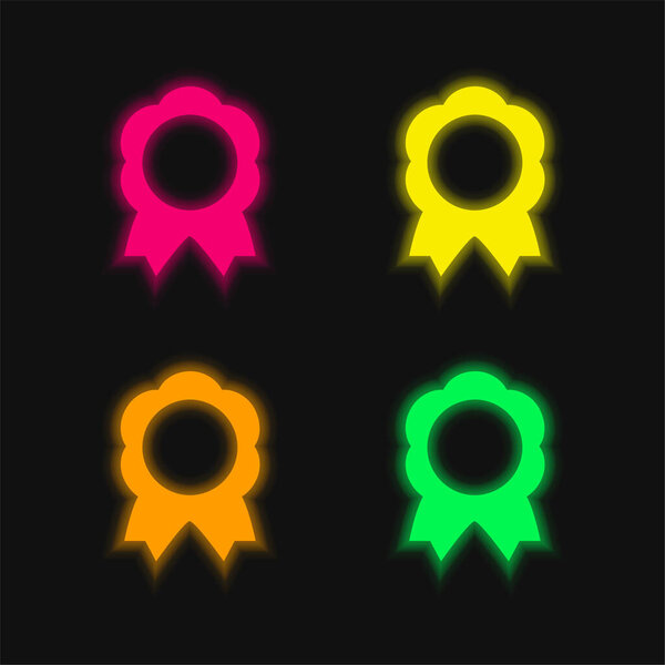 Award Medal Of Flower Shape With Ribbon Tails four color glowing neon vector icon