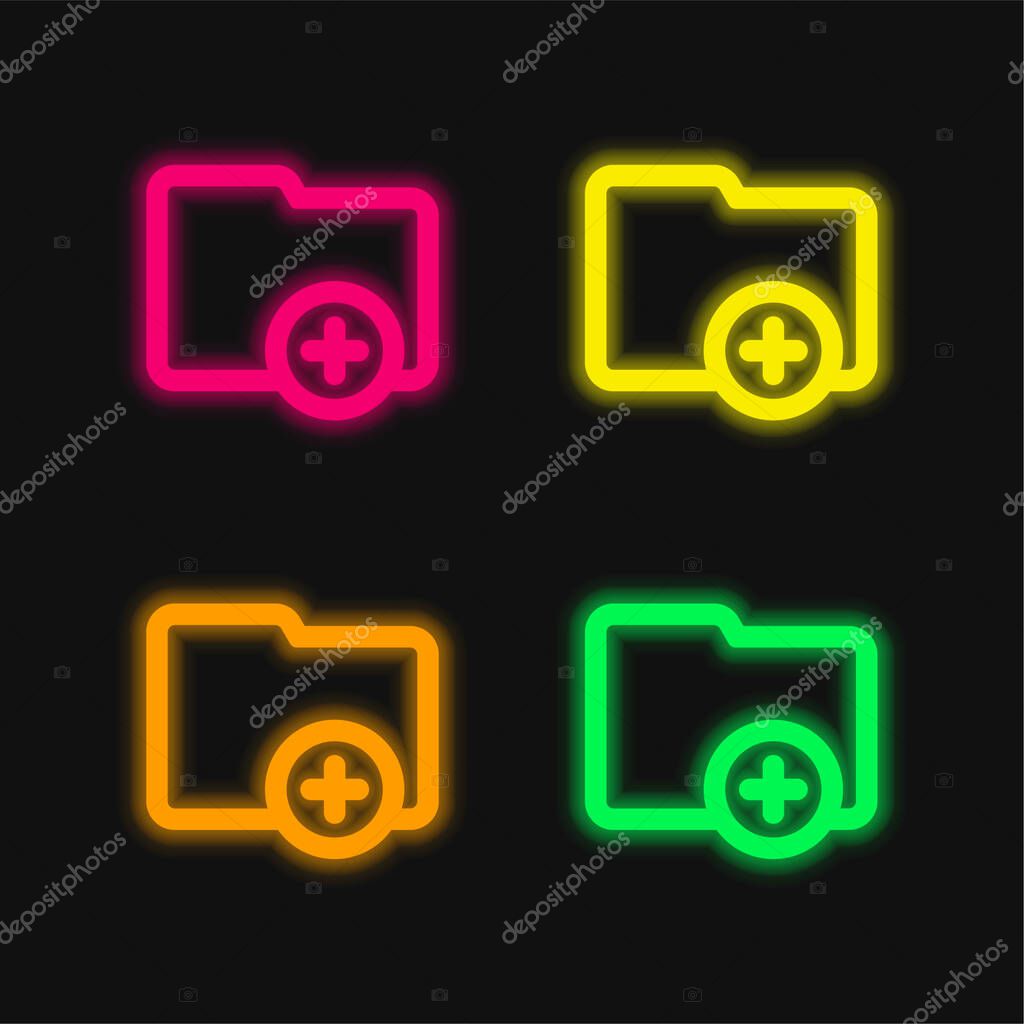 Add Folder Outlined Interface Button four color glowing neon vector icon