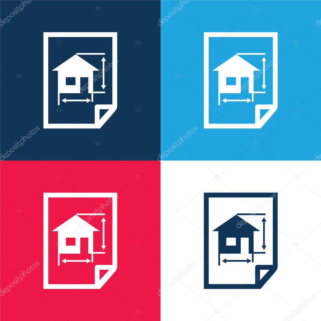 Architecture Draw Of A House On A Paper blue and red four color minimal icon set