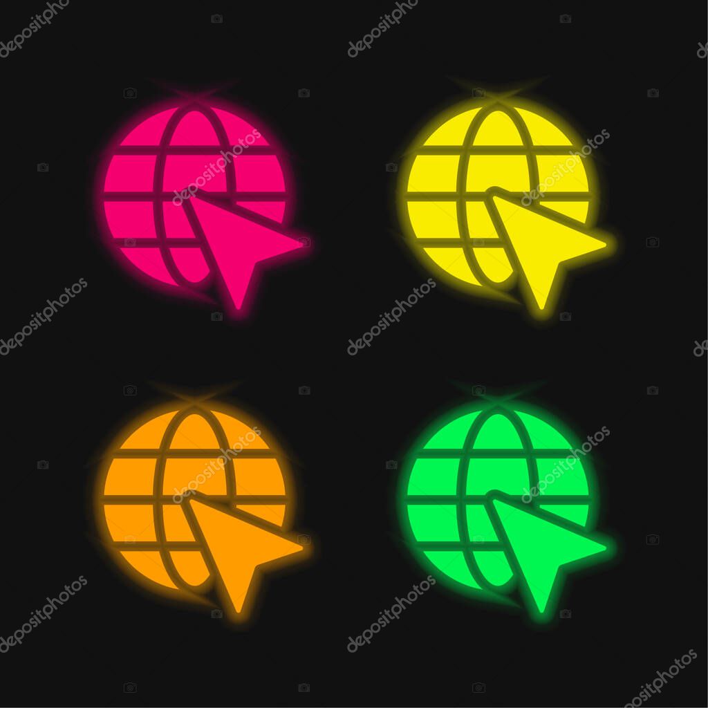 Arrow On Eart four color glowing neon vector icon