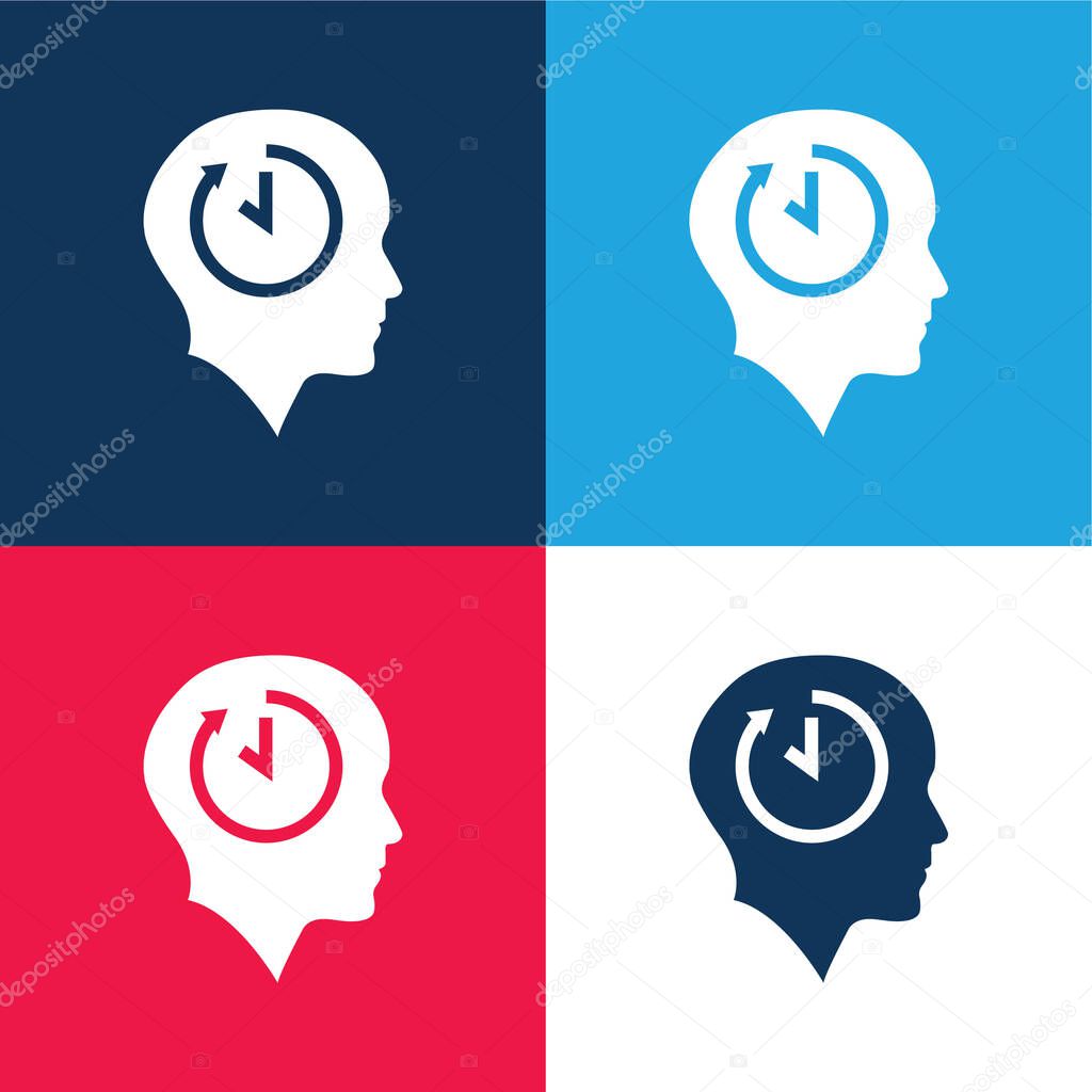 Bald Head With Time Symbol Inside blue and red four color minimal icon set