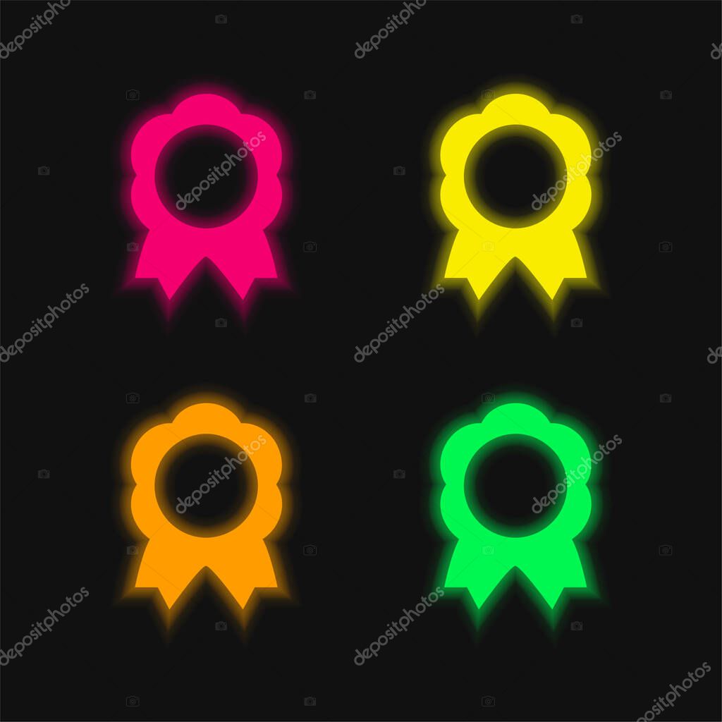 Award Medal Of Flower Shape With Ribbon Tails four color glowing neon vector icon