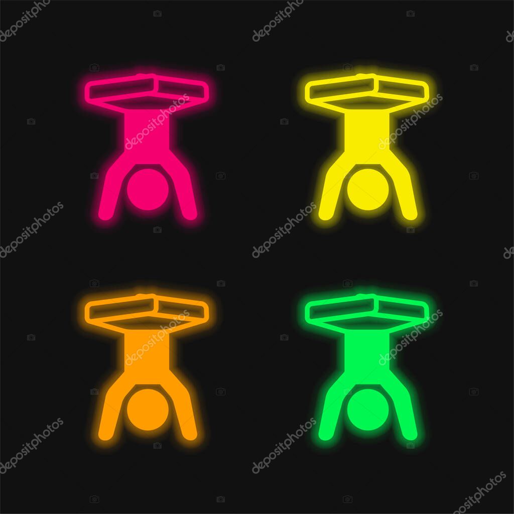 Boy Handstands With Legs Flexed four color glowing neon vector icon