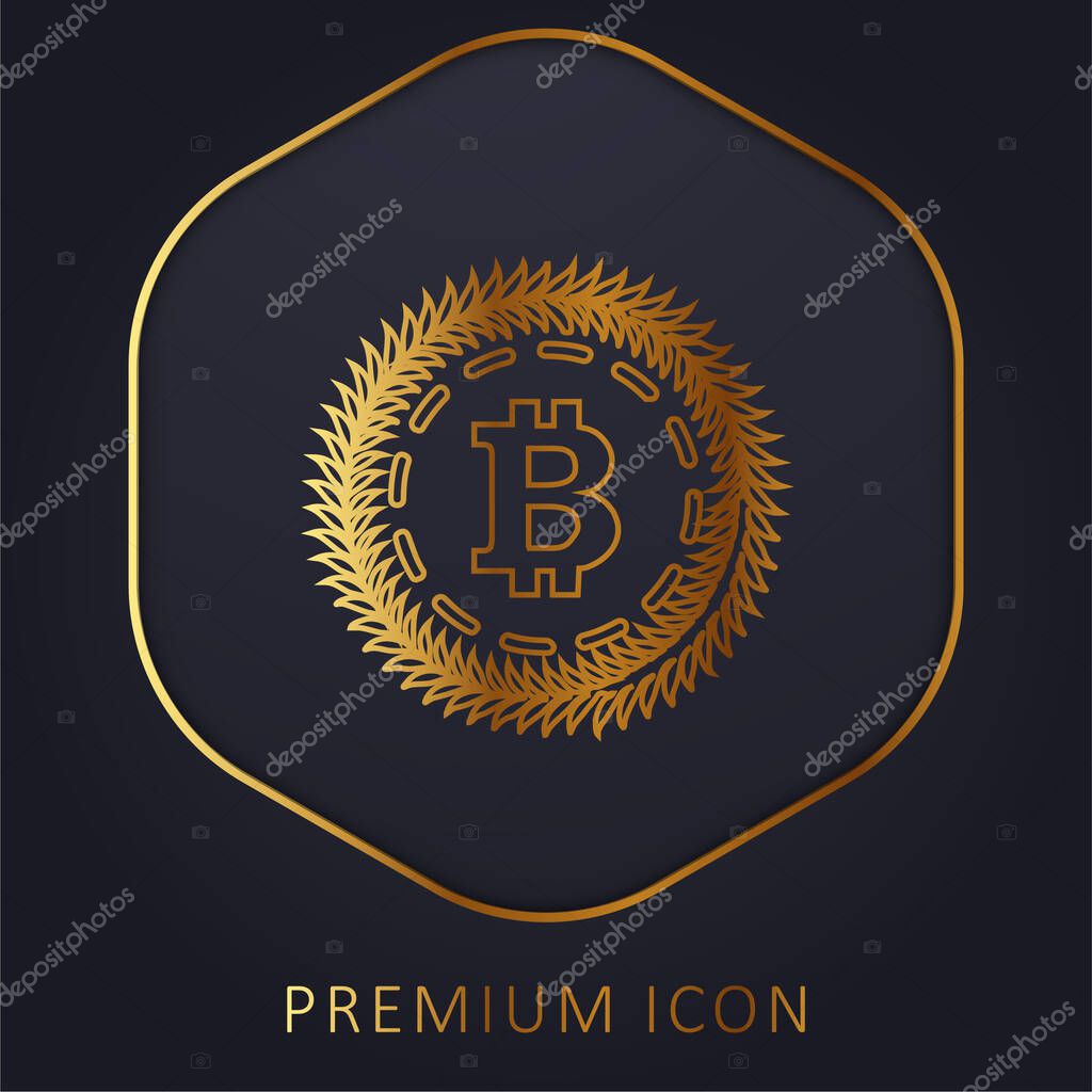 Bitcoin Surrounded By A Circle Of Olive Leaves golden line premium logo or icon