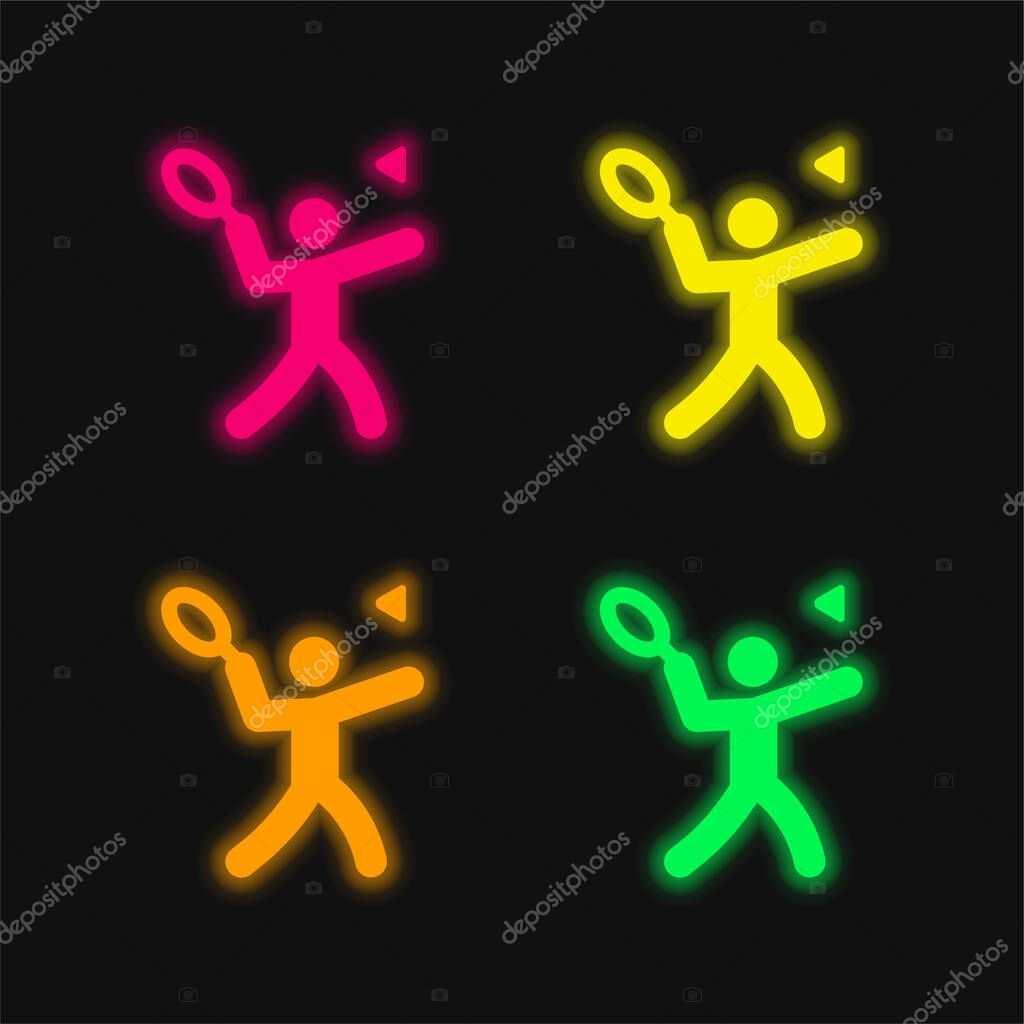 Badminton four color glowing neon vector icon
