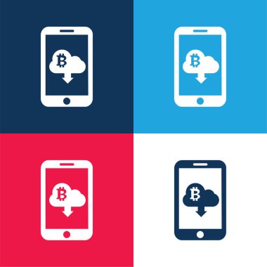 Bulutta Bitcoin İşareti Aşağı Ok İndirme Sembolü Cep telefonu ekranında mavi ve kırmızı en az dört renk simgesi