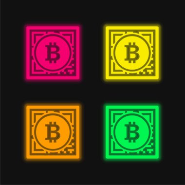 Qr Kod Arayüzü ile Bitcoin Paranın Ticari Sembolü 4 renkli neon vektör simgesi