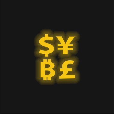 Dolar Yen ve Pound İşaretli Bitcoin Para Birimi Sembolü Sarı Parlak neon simgesi