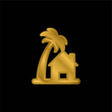 Plaj evi altın kaplamalı metalik simge veya logo vektörü