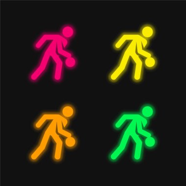Basketbol oyuncusu dört renk parlayan neon vektör simgesi
