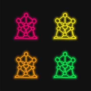 Atomium Modern Mimari Binası Parlayan dört renkli neon vektör simgesi