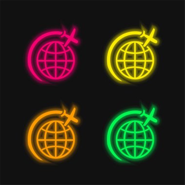 Airplane Flight In Circle Around Earth four color glowing neon vector icon clipart