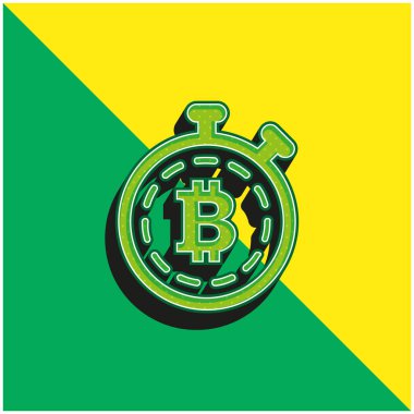 Bitcoin Sembolü Bir Zamanlayıcı Sapması İçinde Yeşil ve Sarı 3D vektör simgesi