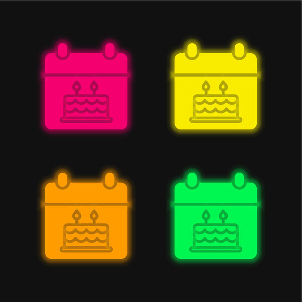 Birthday four color glowing neon vector icon