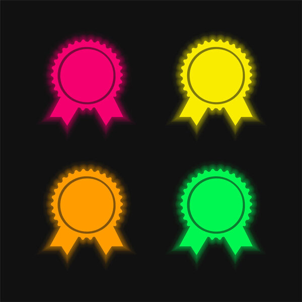 Award Badge Of Circular Shape With Ribbon Tails four color glowing neon vector icon