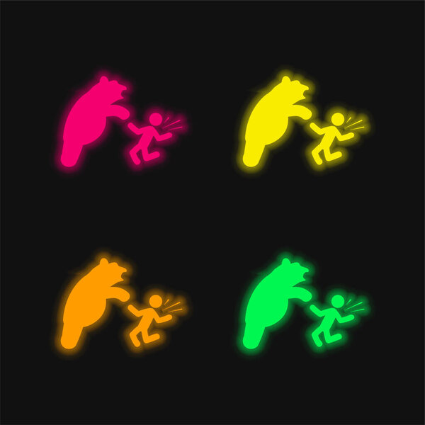 Bear Attacking four color glowing neon vector icon