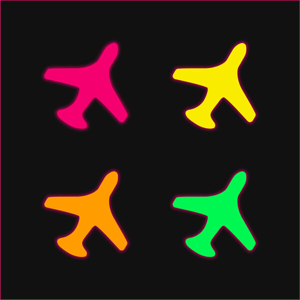 Airplane In Flight four color glowing neon vector icon