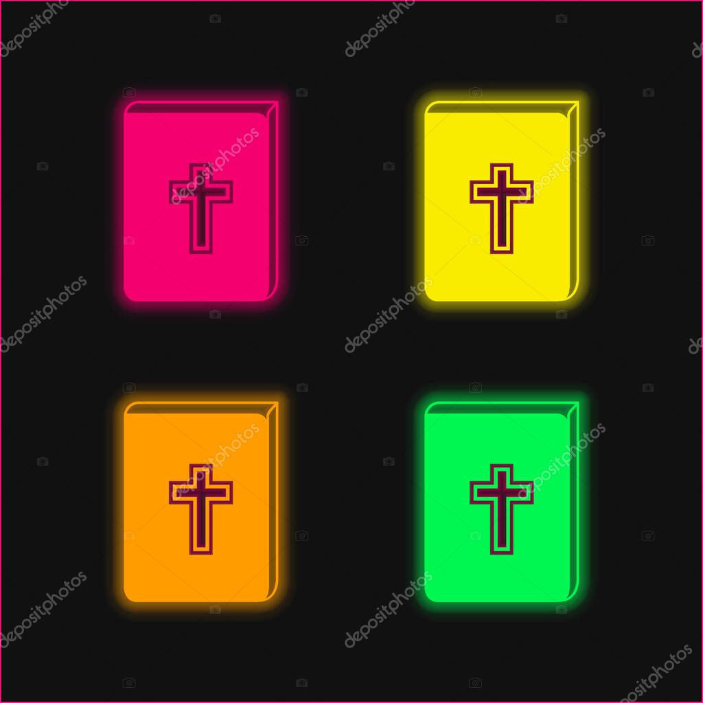 Bible With Cross Sign In Front four color glowing neon vector icon