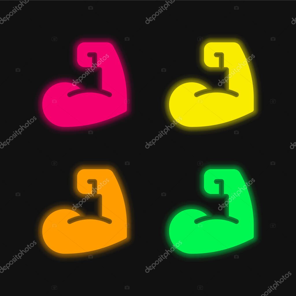 Biceps four color glowing neon vector icon