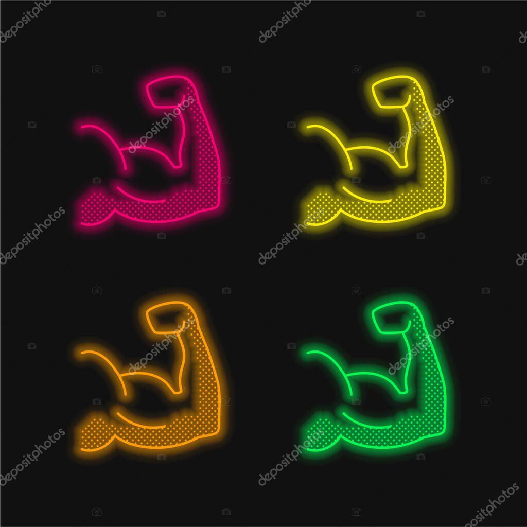 Biceps four color glowing neon vector icon