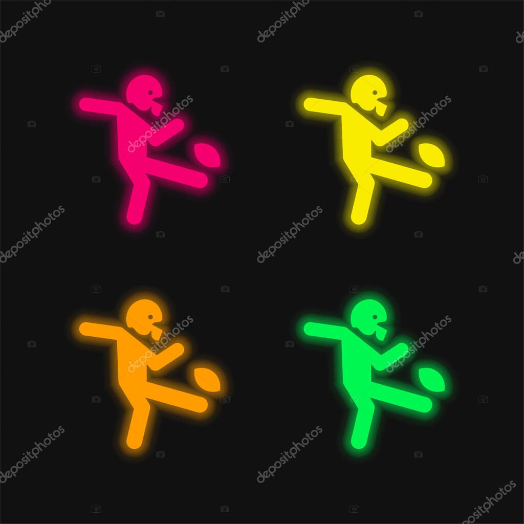 American Football Player Kicking The Ball four color glowing neon vector icon