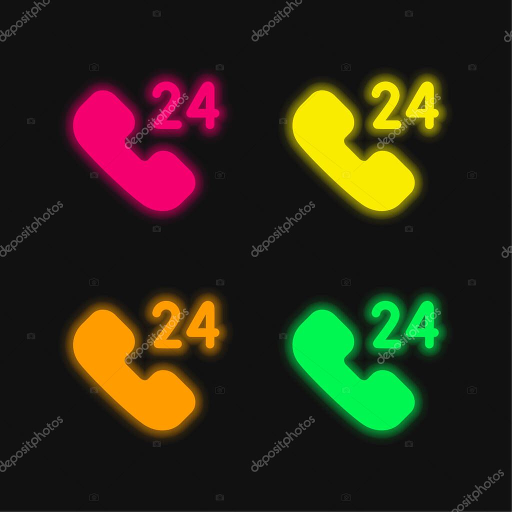 24 Hours Support four color glowing neon vector icon