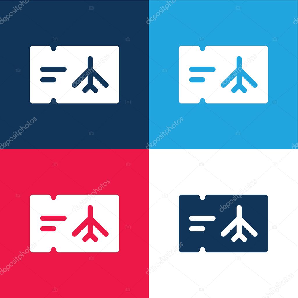 Airplane Ticket blue and red four color minimal icon set