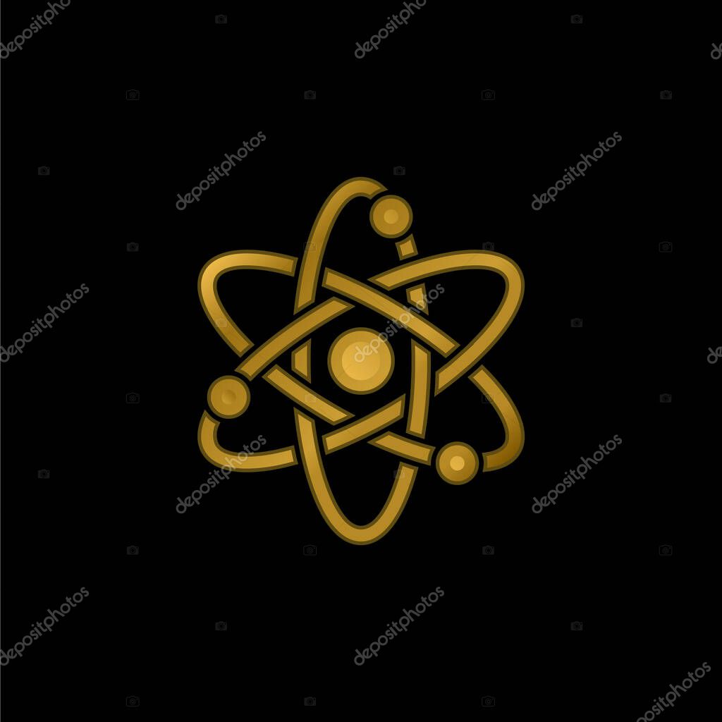 Atom gold plated metalic icon or logo vector