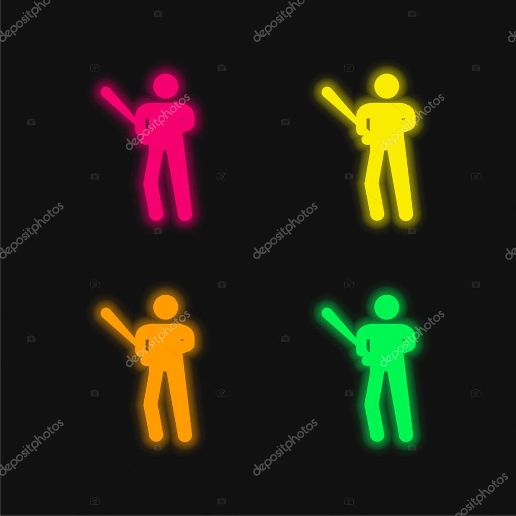 Baseball Player four color glowing neon vector icon