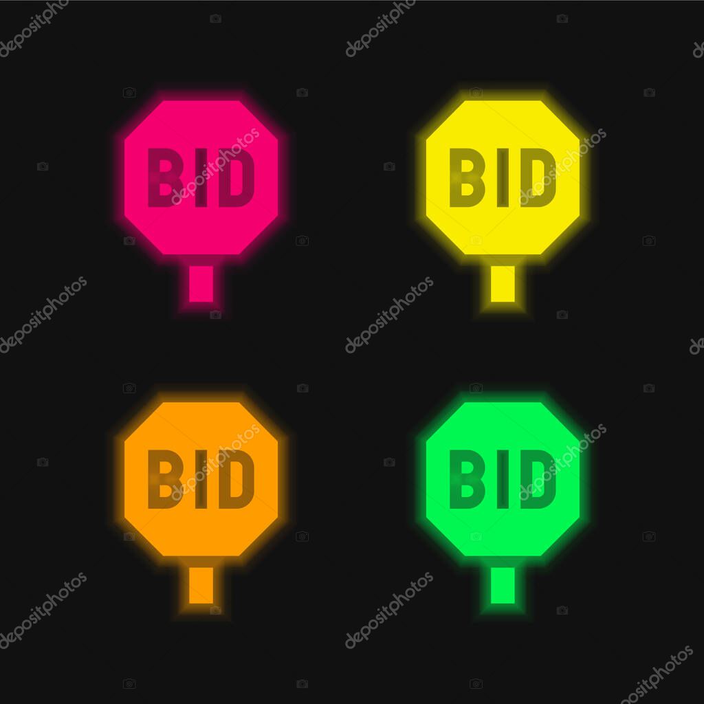 Bidding four color glowing neon vector icon