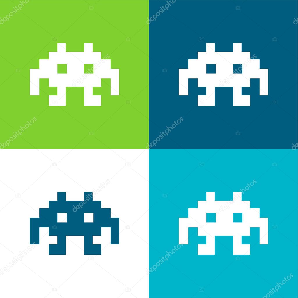 Alien Space Character Of Pixels For A Game Flat four color minimal icon set