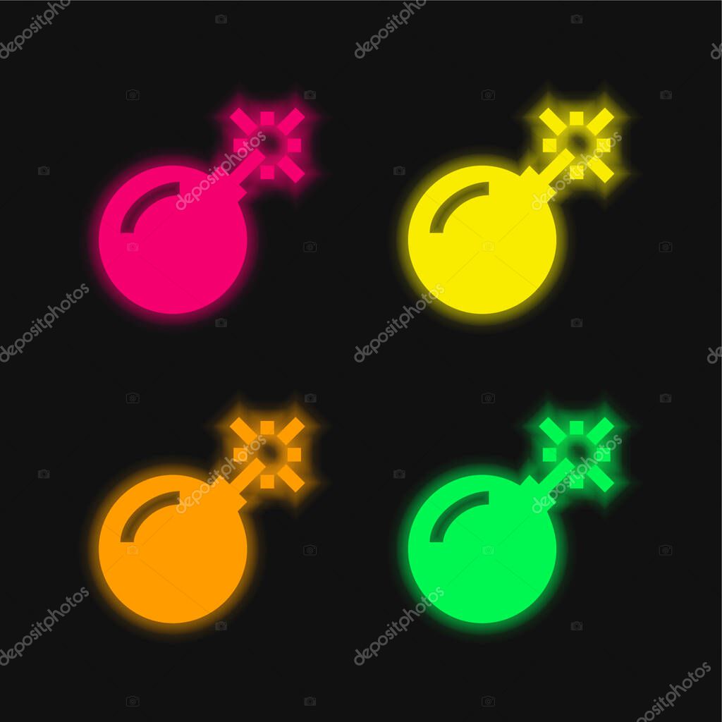 Bomb four color glowing neon vector icon
