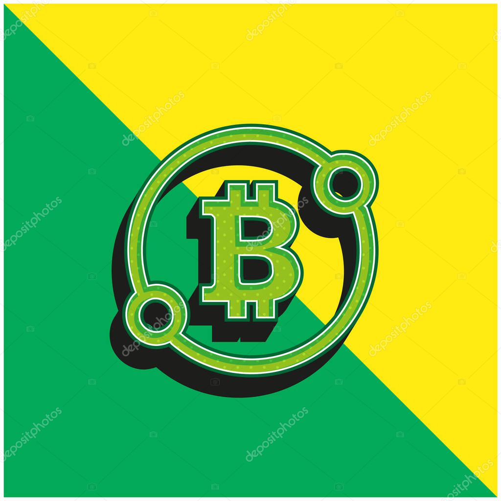 Bitcoin Sign In A Circle With Two Spots Connect Symbol Green and yellow modern 3d vector icon logo