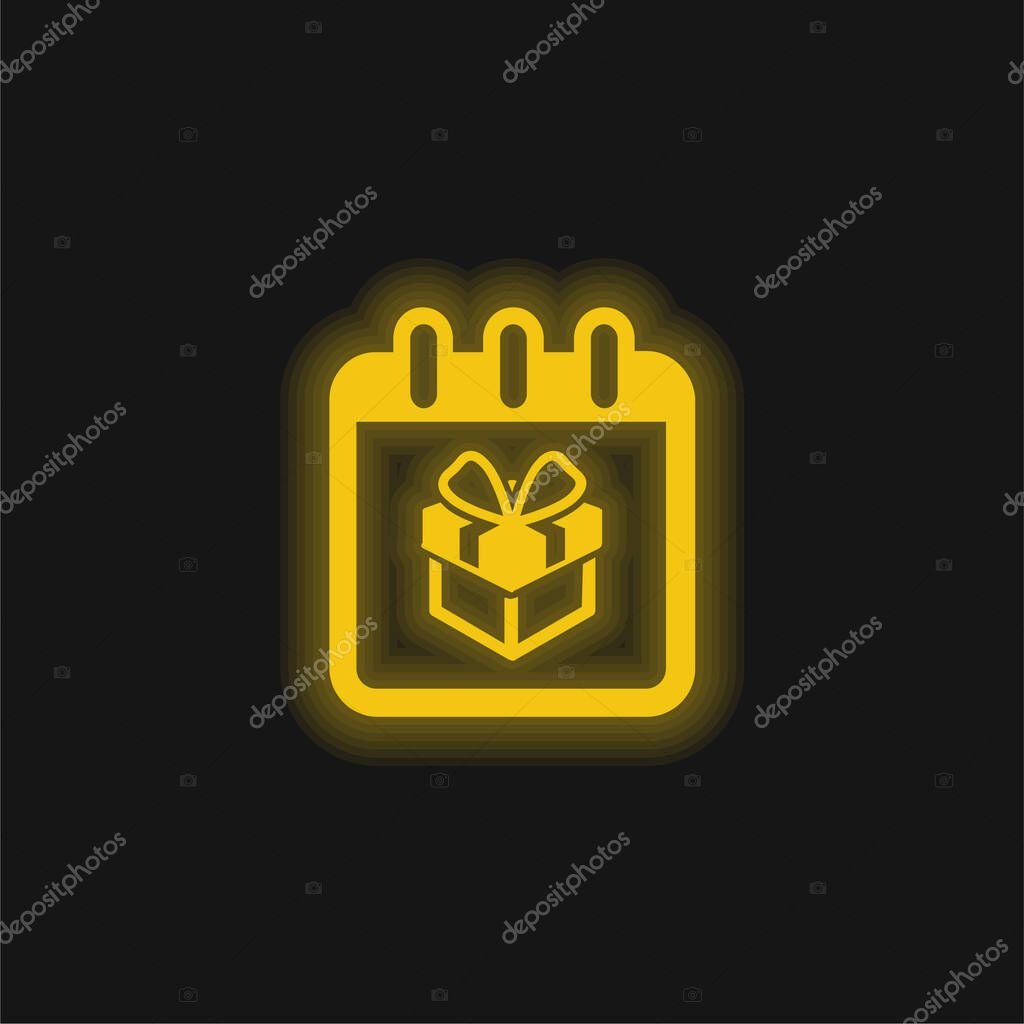 Birthday Giftbox On Reminder Calendar Page yellow glowing neon icon