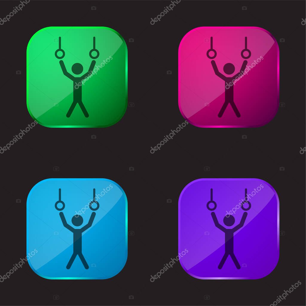 Athlete Hanging Of Rings Couple To Practice Gymnastics four color glass button icon