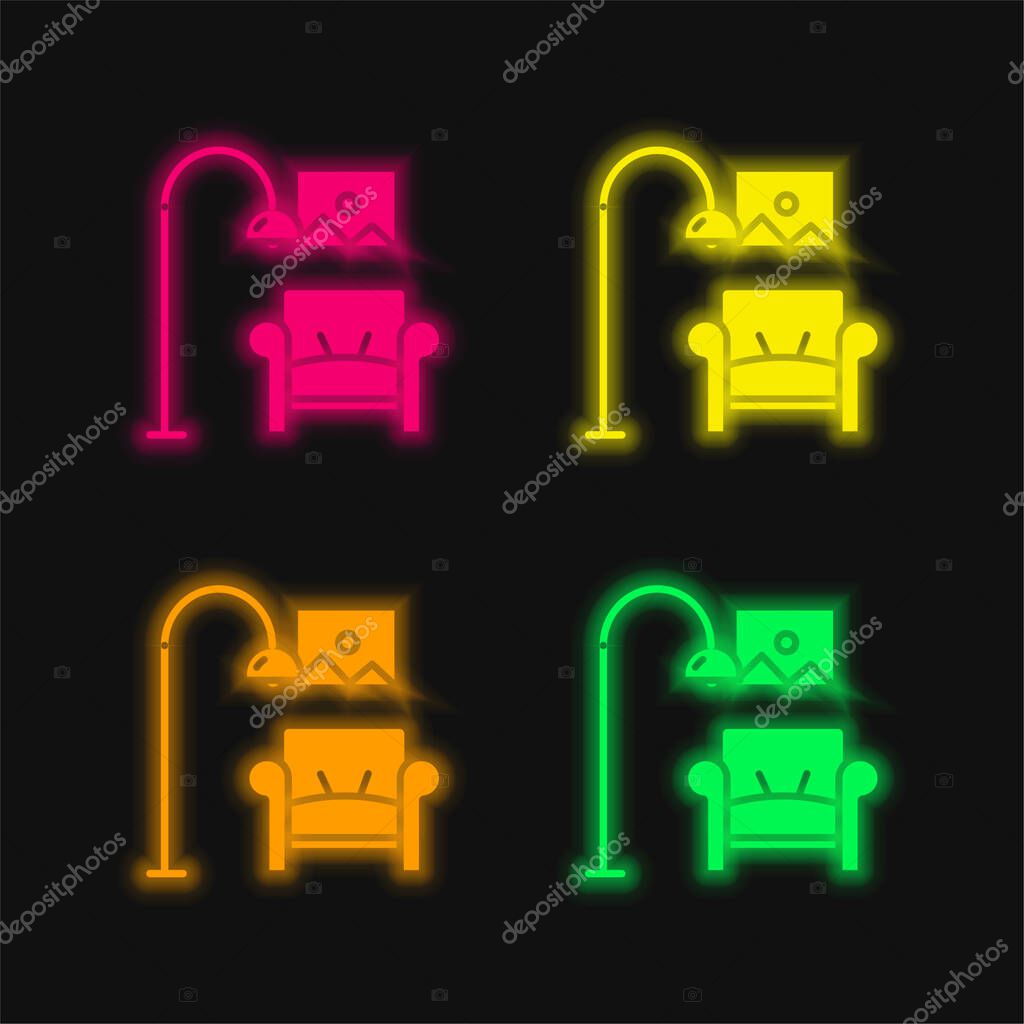 Armchair four color glowing neon vector icon