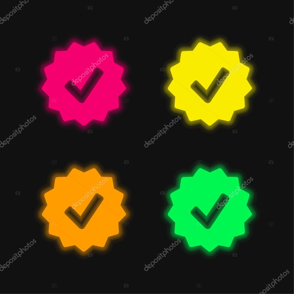 Approval Symbol In Badge four color glowing neon vector icon