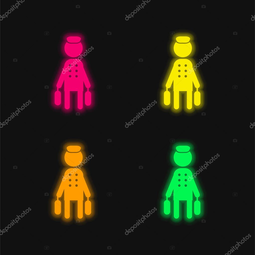 Bell Boy With Baggage four color glowing neon vector icon