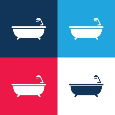 Bath Tub With Shower blue and red four color minimal icon set clipart