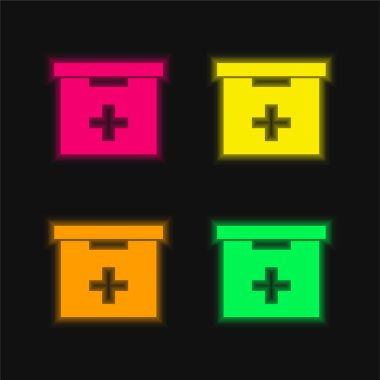 Bathroom First Aid Kit Box four color glowing neon vector icon clipart