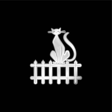 Black Cat On Fence silver plated metallic icon clipart