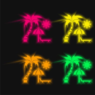 Plaj dört renk parlayan neon vektör simgesi