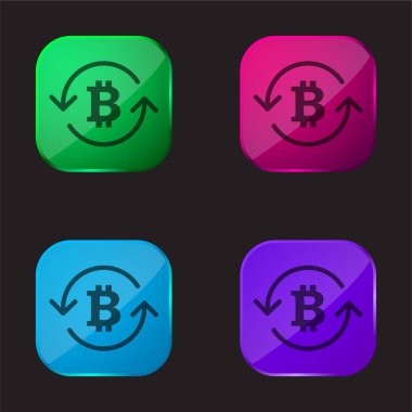 Bitcoin Symbol Inside Circulating Arrows four color glass button icon clipart