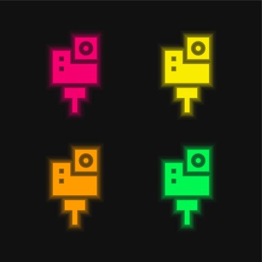 Eylem Kamerası dört renk parlayan neon vektör simgesi